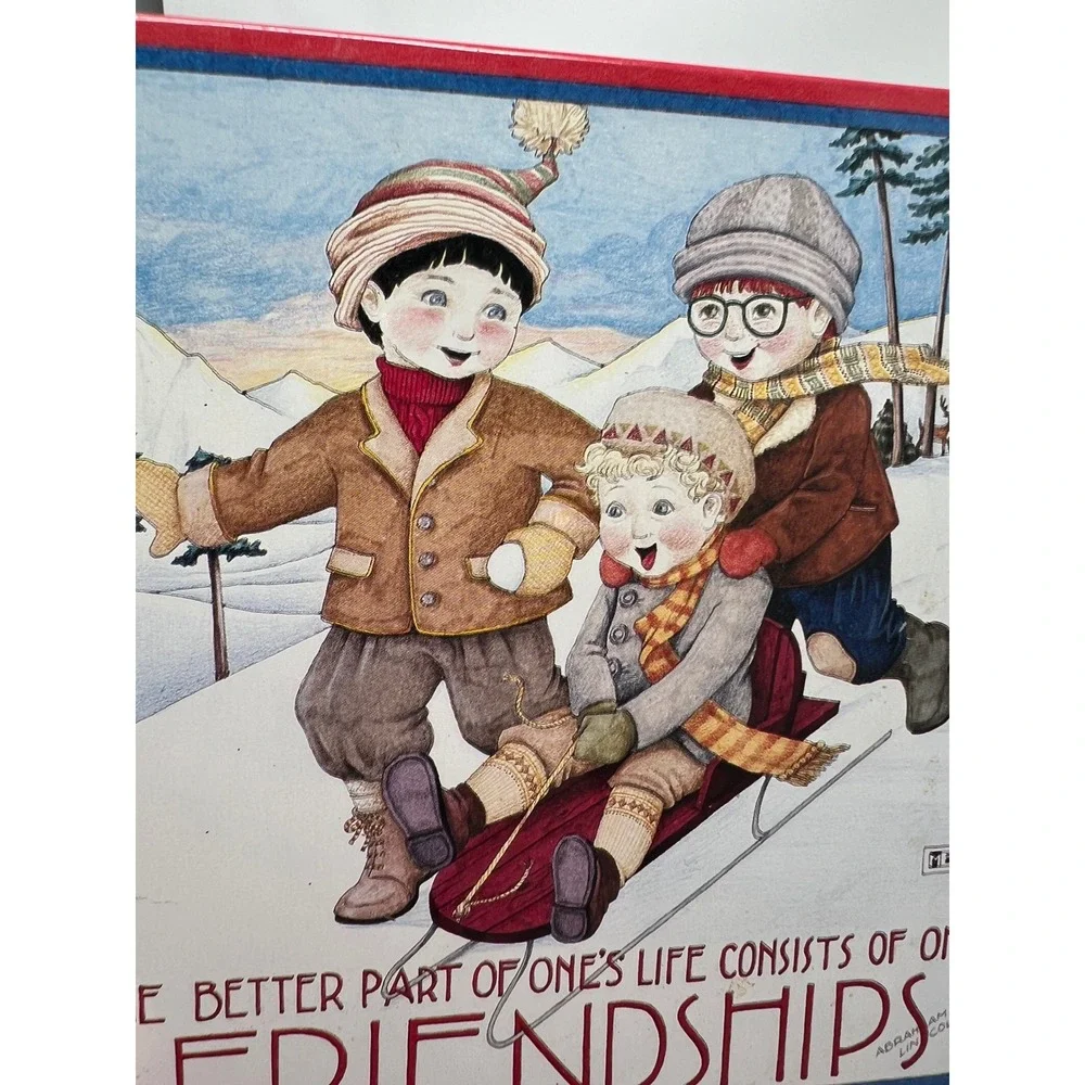 MARY ENGELBREIT Decorative Tin Blue Red Friendship Sledding Winter Scene Box
